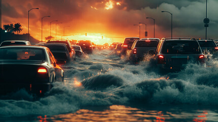 Vehicles navigate through flooded streets during a dramatic sunset