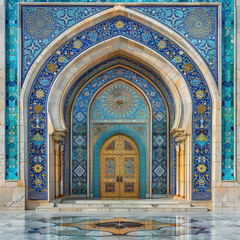 Fototapeta na wymiar Luxury Islamic interior wall Background. Wall With Islamic Pillar Decoration
