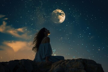 A woman is sitting on a rock and looking up at the moon