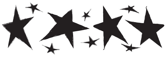 Grunge charcoal scrawl hand drawn stars, rough doodle shapes. Freehand crayon pencil starry elements. scribble icon for poster, collage, banner. Vector file illustration