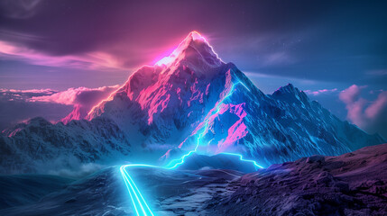 sunrise over mountains, landscape with mountains, Digital mountain The path to success or business goals achievement concept, Ai generated image - Powered by Adobe