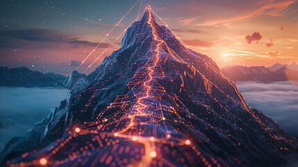 sunset over the mountains, landscape with mountains, Digital mountain The path to success or business goals achievement concept, Ai generated image