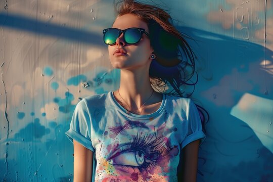 A woman wearing sunglasses and a blue shirt with an eye on it