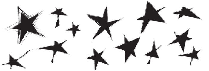 Grunge charcoal scrawl hand drawn stars, rough doodle shapes. Freehand crayon pencil starry elements. scribble icon for poster, collage, banner. Vector file illustration - obrazy, fototapety, plakaty