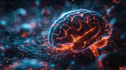 A digital illustration of a human brain glowing with interconnected lines and sparkles, representing neural activity and connectivity on a dark, blue-toned backdrop with floating particles. - obrazy, fototapety, plakaty