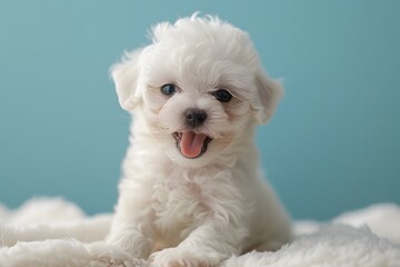 Cute White Puppy with Tongue Out on a Blue Background