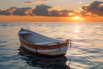 A small white boat is floating in the ocean at sunset