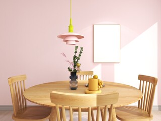 interior mockup with wood frame on pink wall, colorful danish design. empty poster in modern dining room, colors furnitures. 3D illustration