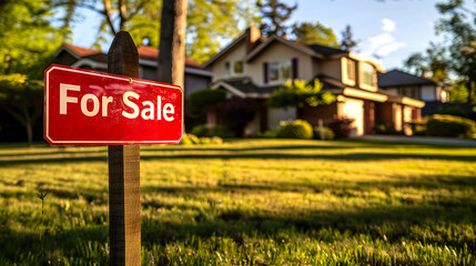 Obraz premium Residential Property for Sale with Red Sign and Lush Green Lawn