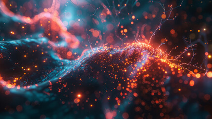 Abstract image depicting a wave of particles and connections, simulating a network or data flow with a digital and futuristic appearance, dominated by red and blue colors against a dark backdrop.