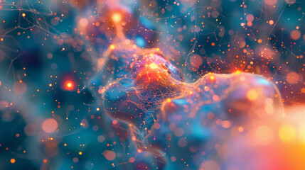 Abstract digital background depicting interconnected nodes and particles in a network structure, symbolizing connectivity, data, and technological innovation.