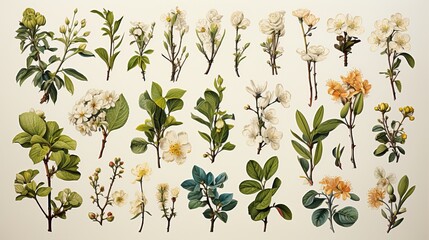 Botanical Illustration: Detailed watercolor drawing of flowering plants in retro style