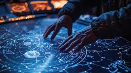 the astronomer's hands operate the telescope's control panel, a constellation map is placed next to them