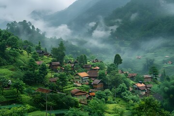 Fototapeta na wymiar Idyllic Villages Amidst Green Foliage in Mountainous Landscape
