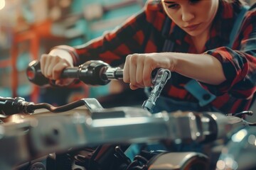 Female Mechanic Removing Stubborn Bolt - obrazy, fototapety, plakaty