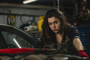 Fototapeta na wymiar Confident Mechanic: Sexy Professional Handling an Oil Change