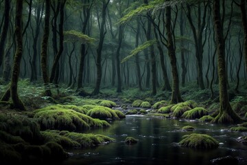神秘的な森と渓流の背景画像
