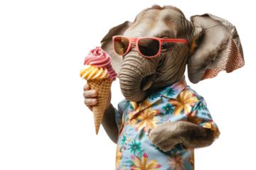 An elephant in a Hawaiian shirt, shorts, and sunglasses, holding an oversized ice cream cone with multiple scoops.