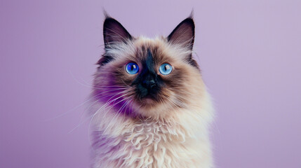 A majestic Himalayan cat with piercing blue eyes, photographed against a solid lavender background.