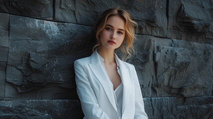 Young woman posing on a brickwall. girl in a white suit stands against the backdrop of a black stone wall. black marble background with a girl. aesthetic and fashionable concept. copy space.