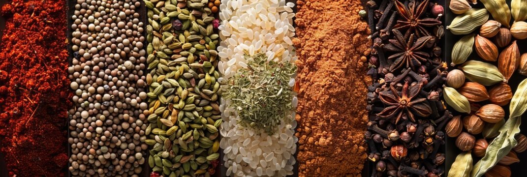 Variety of Indian chai spices. Top view close-up banner © Denis