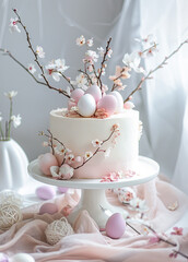 Easter illustration with a cake, rabbit and eggs in pastel colors