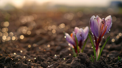 saffron flower in the soil - obrazy, fototapety, plakaty