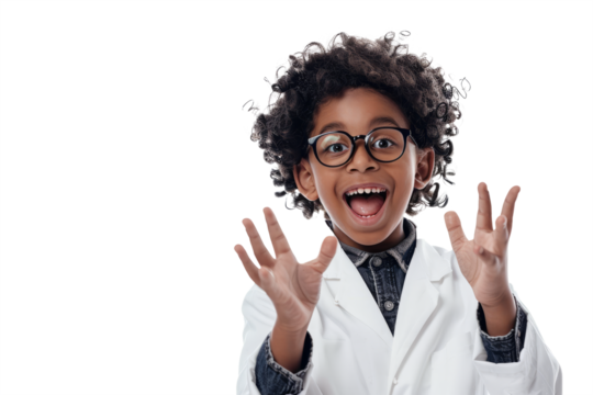 enthusiastic gesture of a child scientist on a white background.