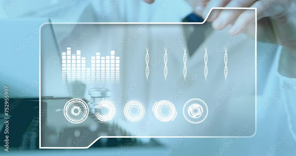 Wall mural animation of interface processing data and dna over caucasian male scientist working at laboratory