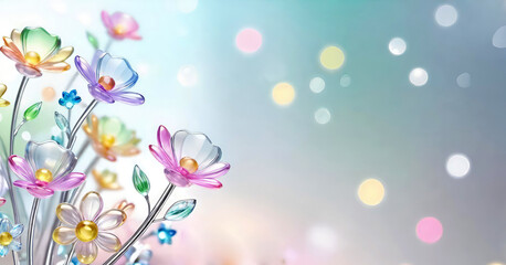 Colorful glass flowers on a light blue shiny bokeh background.Banner for design with copy space.  Generative AI.