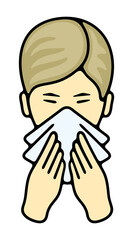 Sick boy or child blowing her nose or sneezing into handkerchief. Disease, illness, sickness, virus and treatment, illustration