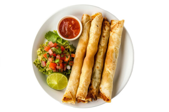a plate of traditional Mexican flautas with salsa and guacamole neatly laid out on a white surface