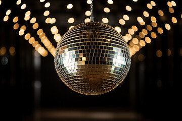 Obraz premium Golden disco ball in a dark empty room. Reflections of light on a disco ball