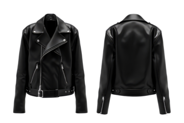 Smooth black leather jacket mockup with front and back views