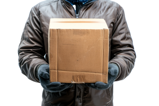 professionalism of a courier service holding a box without a label on a white background.