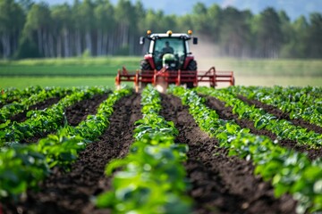 Obraz premium A striking image of a green tractor plowing through rich brown soil in a symmetrically patterned rural field