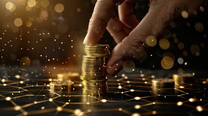 A human hand stacking coins against a black background adorned with hexagonal golden shapes, symbolizing investment management and portfolio diversification. This image combines a photograph of a hand