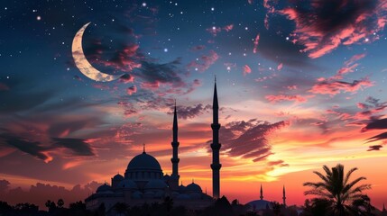 Silhouette of a mosque against a sunset sky with a crescent moon, depicting a holy Islamic night scene, suitable for use as an Islamic wallpaper - obrazy, fototapety, plakaty