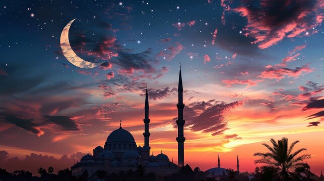 Silhouette of a mosque against a sunset sky with a crescent moon, depicting a holy Islamic night scene, suitable for use as an Islamic wallpaper