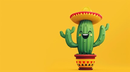 Cheerful animated cactus character in a pot wearing a sombrero, on a yellow background, ideal for fun and lively themes.