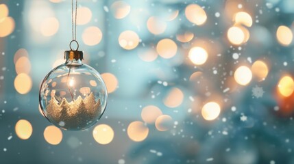 Delicate Christmas ornament in the snow with sparkling lights, conveying the festive spirit of the holiday season, space for text