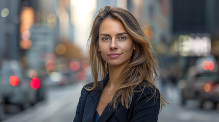 Fototapeta premium A portrait of a young woman with a soft smile, standing confidently in an urban setting with blurred city lights and traffic in the background.