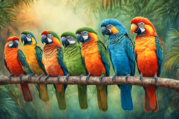 Many large colorful parrots are sitting in a row on a branch in the jungle. Tropical birds of paradise, large parrots macaws - obrazy, fototapety, plakaty