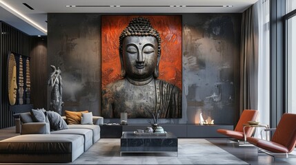 Buddha artwork in a modern living room, blending spirituality with contemporary interior design. Suitable for home decor themes.