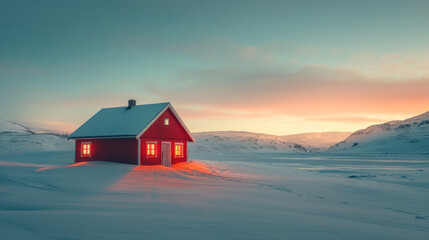 Isolated red cabin under a serene sunset amidst snowy mountains and a vast winter landscape, reflecting an idyllic remote retreat.