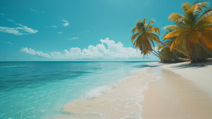 Idyllic tropical beach with lush palm trees, white sand, and clear blue water under a sunny sky with fluffy clouds.