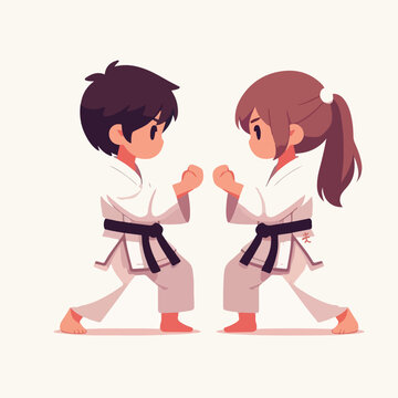 two children in kimono with belt training karate and taekwondo