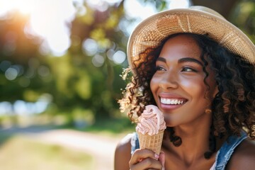 close up Young African American woman with a cornet ice cream at outdoors with happy expression