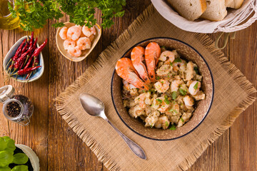 Traditional Portuguese bread soup with shrimp.. AÇORDA ALENTEJANA.