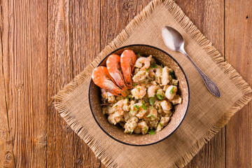Traditional Portuguese bread soup with shrimp.. AÇORDA ALENTEJANA.